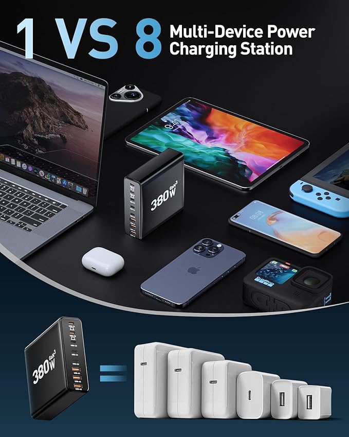 380W USB C Charger Block, with 4 USB Cables 8-Port USB C Charging Station Dual