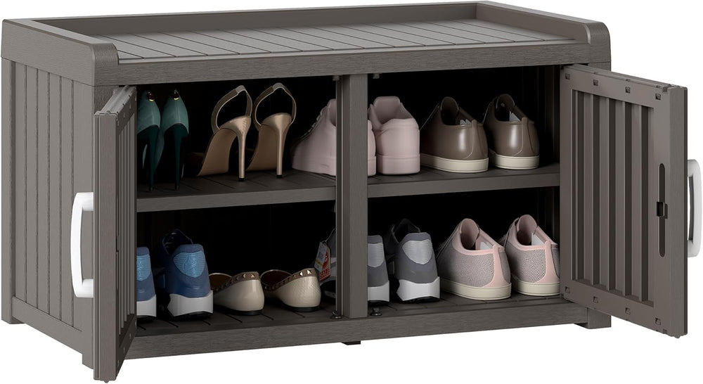 2-Tier Storage Bench, Waterproof UV-Resistant Outdoor Shoe Storage Cabinet wi...