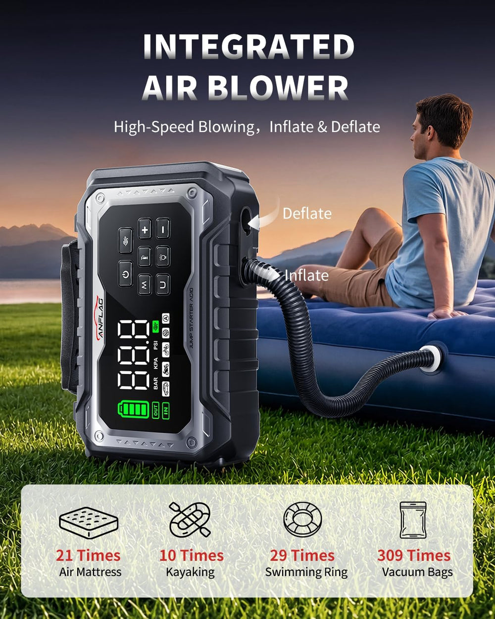 8000A Car Battery Jump Starter with 160PSI Air Compressor 165L/min Blower