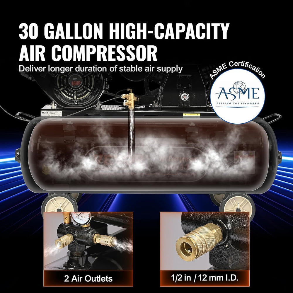 VEVOR 15HP Gas Powered Air Compressor, 30 Gallon Horizontal Air Compressor Ta...