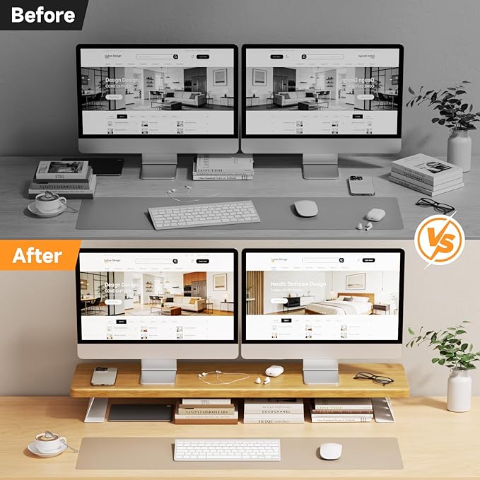 NestNeat Dual Monitor Stand Riser, 39 Inch Large Wood Monitor Stands
