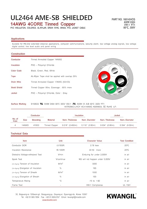 KWANGIL 4C 14AWG AMESB Shielded Cable Wire