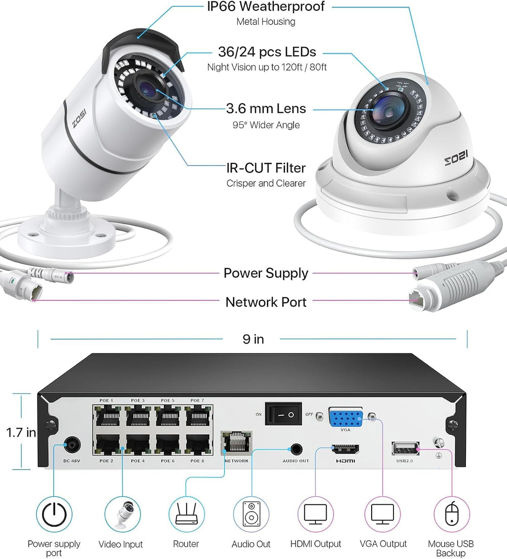 ZOSI 4K PoE Security Camera System, 8pcs 5MP Metal Cameras with 2TB HDD