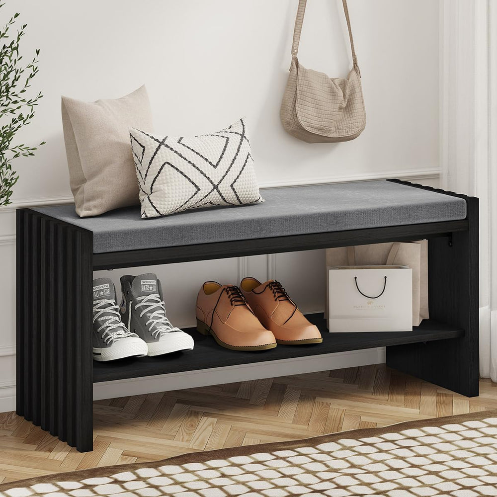 BON AUGURE Entryway Shoe Bench with Storage & Cushion for Mudroom, Black