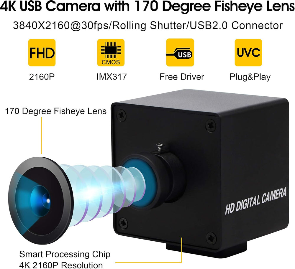 4K USB Camera for Computer, 4K/30FPS Fisheye Webcam with Microphone