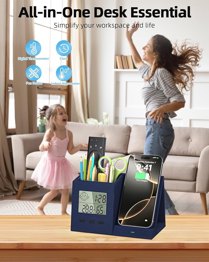 3-in-1 Wireless Charger with Pen Holder, Desk Clocks with Temperature and