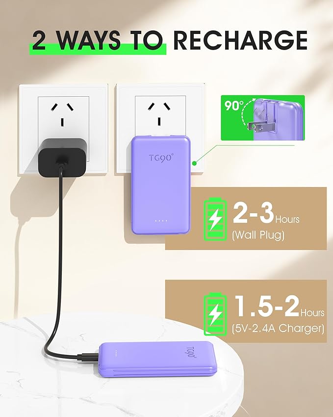 TG90° 2 Pack 5000mAh Power Bank, Small Portable Charge Built-in AC Plug and