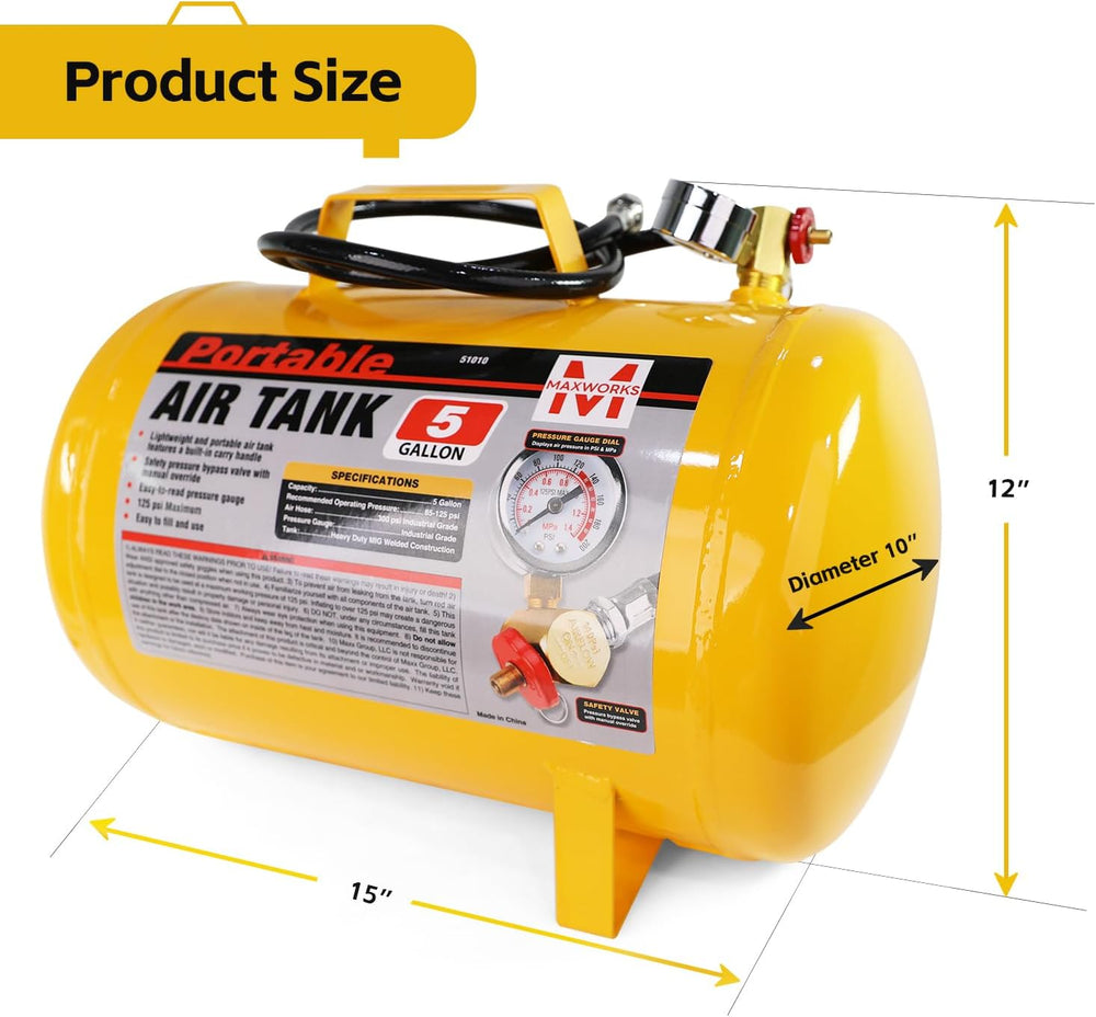 MaxWorks 5 Gallon 140 PSI Max Portable Air Tank with Hose & Gauge (51010)