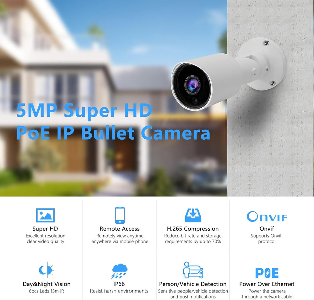 5MP PoE IP Bullet Camera Outdoor, H.265 PoE IP Security Camera
