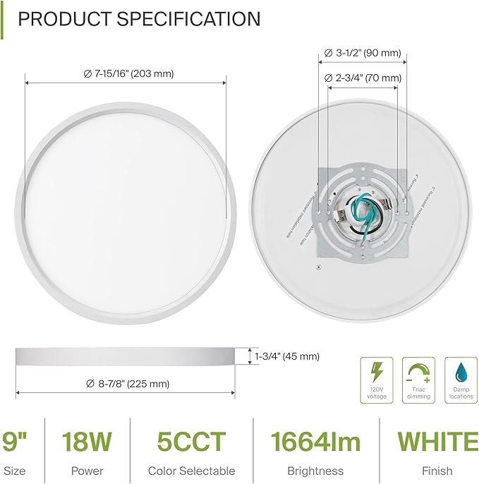 ASD LED 9" Round Flush Mount Ceiling Light Fixture, Low Profile Surface ...