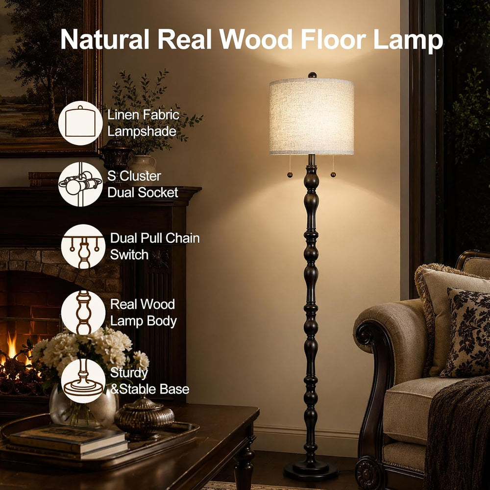 Scenekoy 65.5" Retro Farmhouse Real Wood Floor Lamp for Living Room Offi...