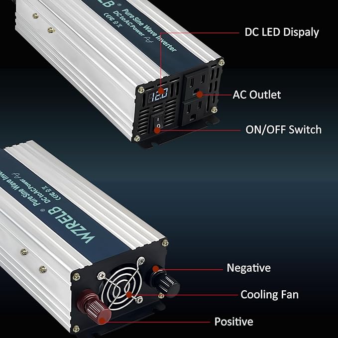 WZRELB 1000W Pure Sine Wave Inverter 24V DC to 110V 120V AC Power Converter