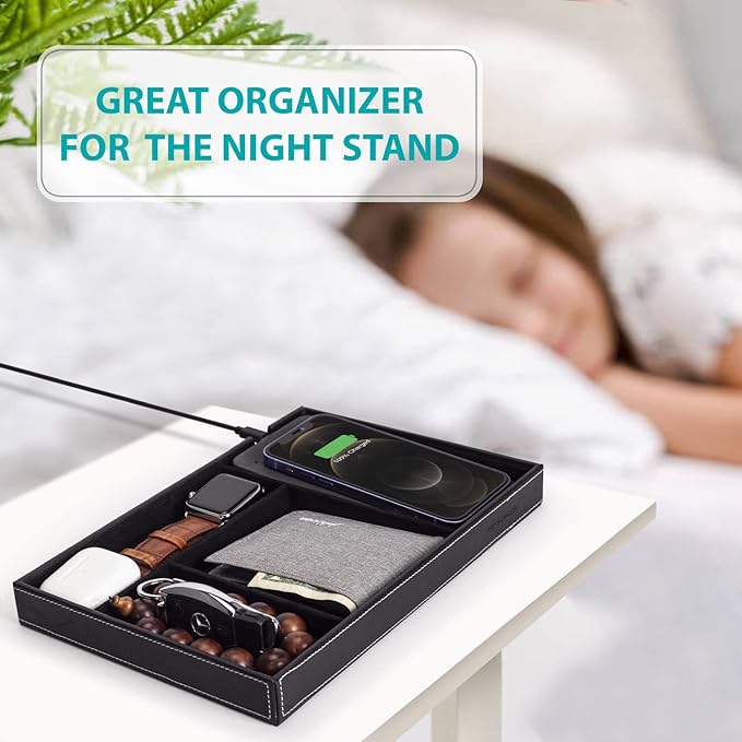 Valet Tray, Built in Wireless Charging Pad, Nightstand Organizer, Dresser
