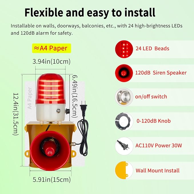 kbaoele AC110V Industrial Siren Alarm Strobe Light-120dB Loud Horn&Waterp...
