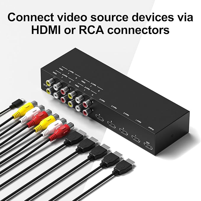 8 in to 1 Out RCA/HDMI Switcher,4 Way HDMI 2.0 + 4 RCA to HDMI