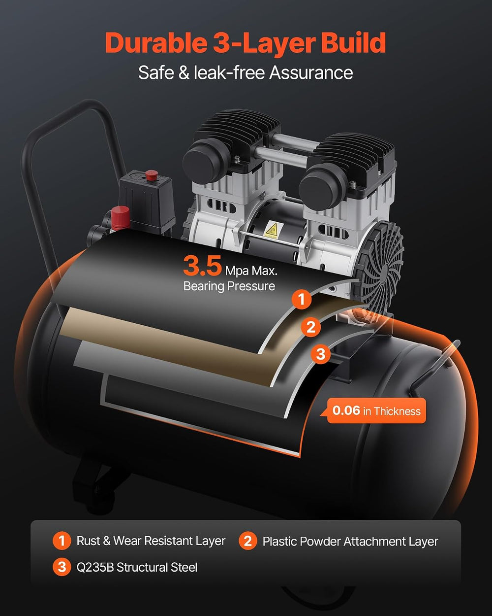 VEVOR Air Compressor, 15 Gallon Steel Tank, 2HP 5.3 CFM@90 PSI Oil Free Air C...