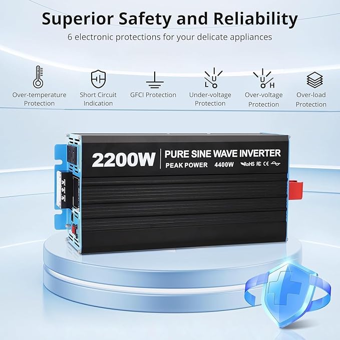 2200W Pure Sine Wave Inverter, 1 USB Port 5v/2.4a, LCD Display&Remote Con...