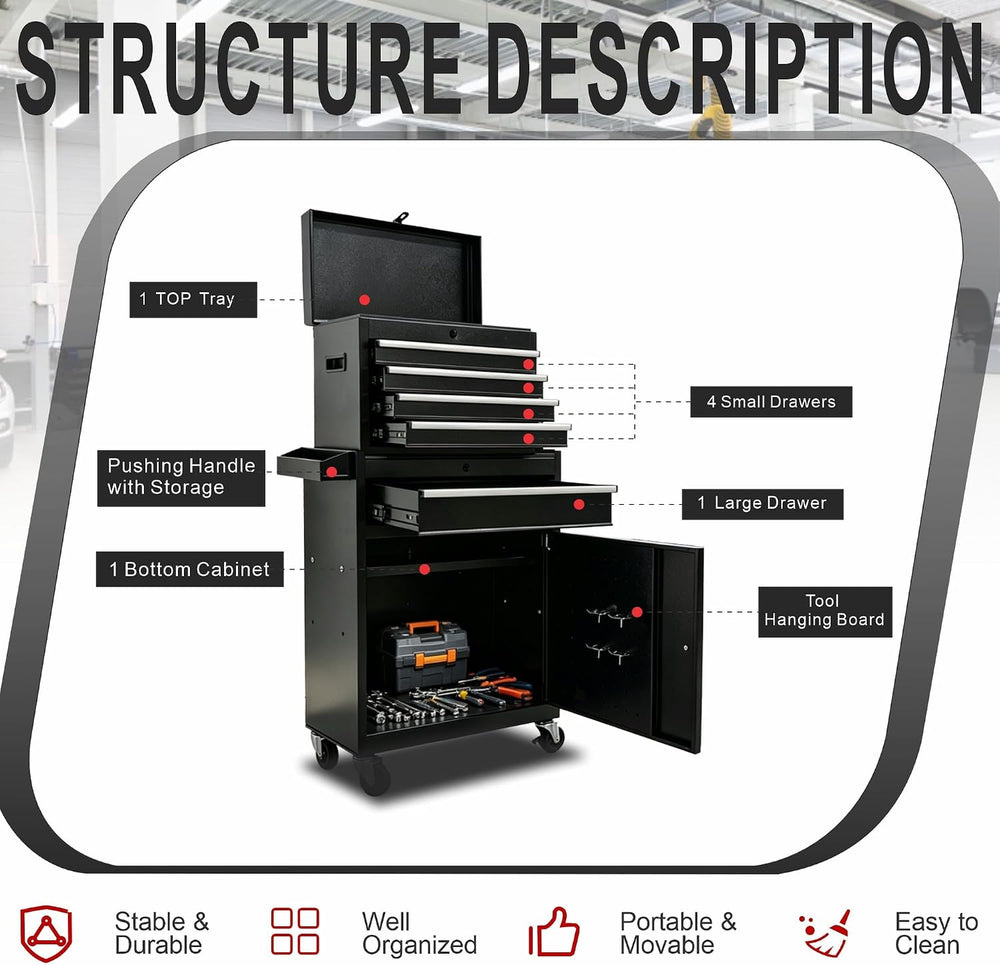 5-Drawer Rolling Tool Chest with Lock, 2-in-1 Detachable Metal