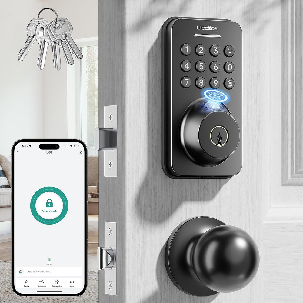 Ulecoce U68 Fingerprint Keypad Deadbolt with Knob Set, Matte Black