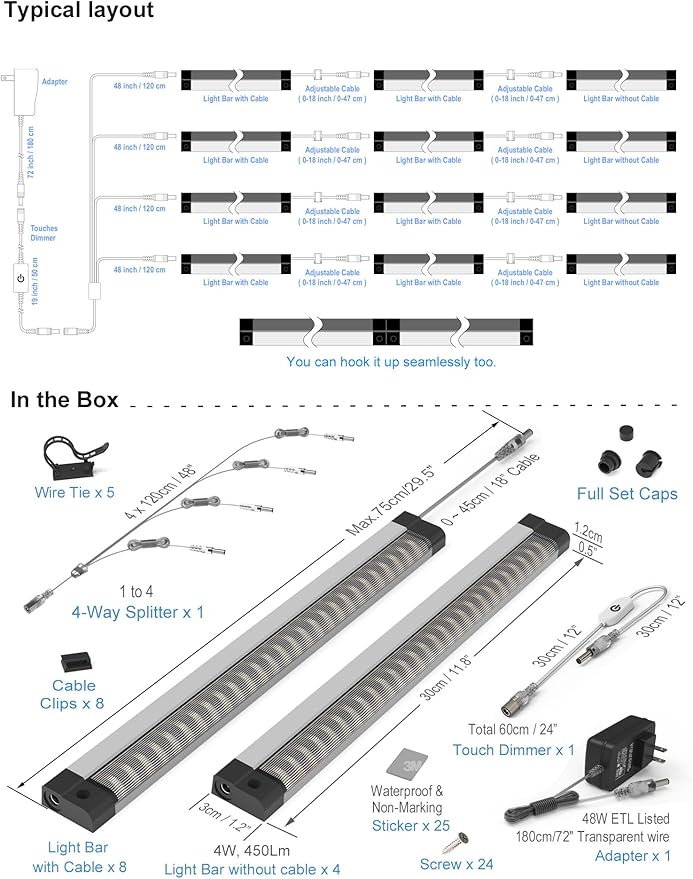 EBD LED Under Shelf Lighting, 4-Way Parallel Light Bar, 12-Panel Cabinet Lights