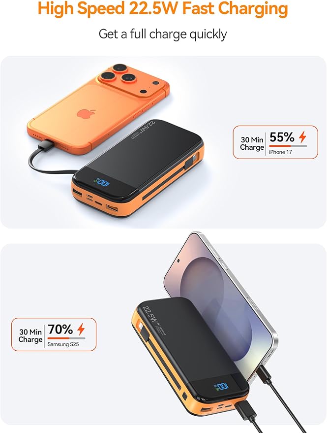 LENGSUM Portable Charger Power Bank Built-in Cables, 32000mAh 22.5W USB C Fast