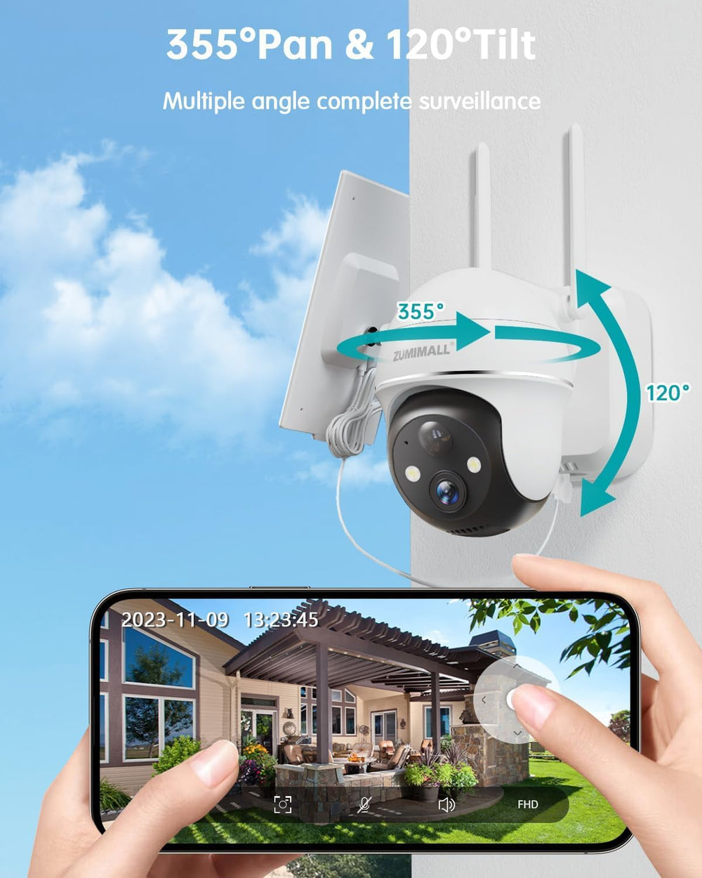 ZUMIMALL 5MP Solar Security Cameras Wireless Outdoor, Solar Powered Cameras f...