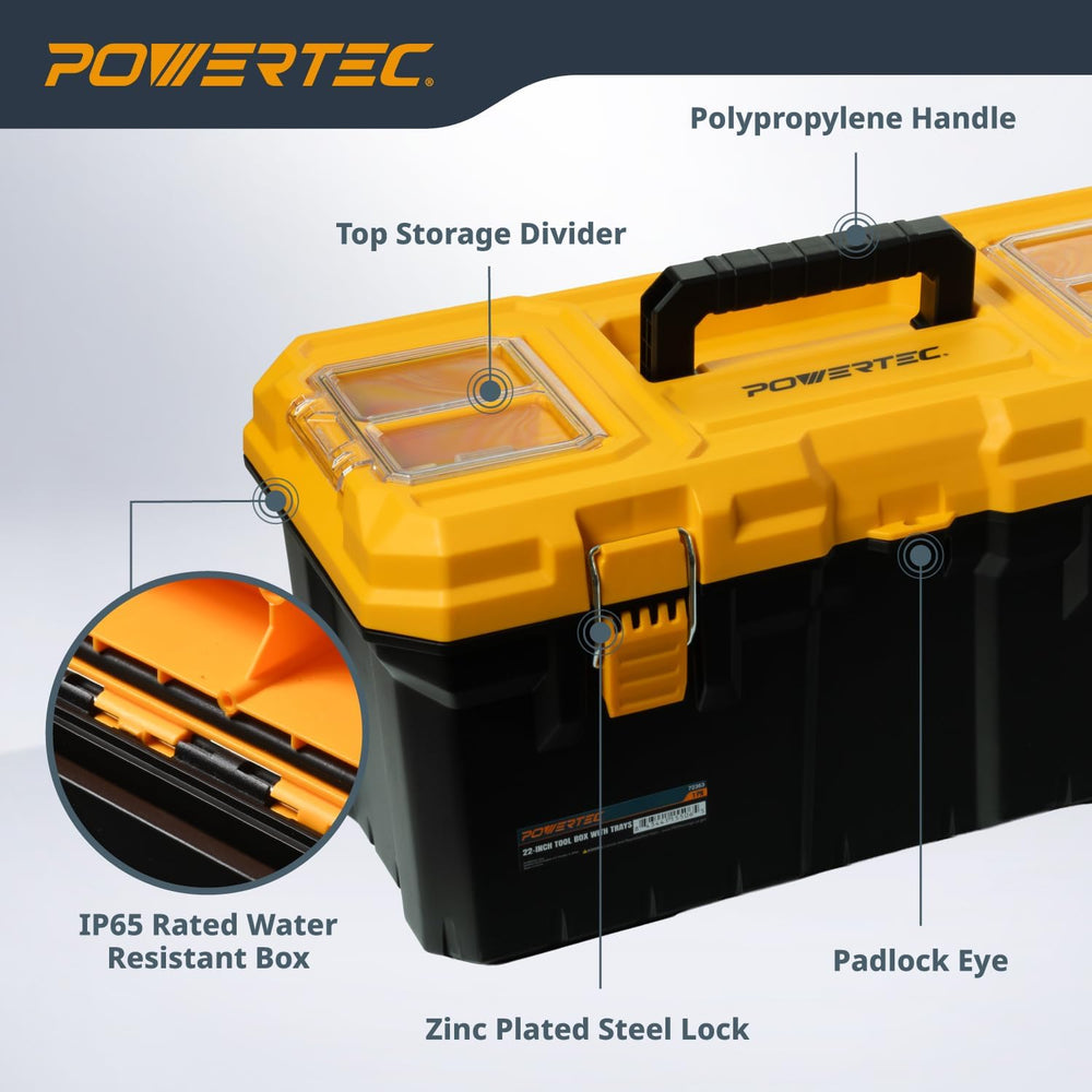 POWERTEC 22-Inch Tool Box with Trays - Lockable, Metal Latch, Organizer, Port...