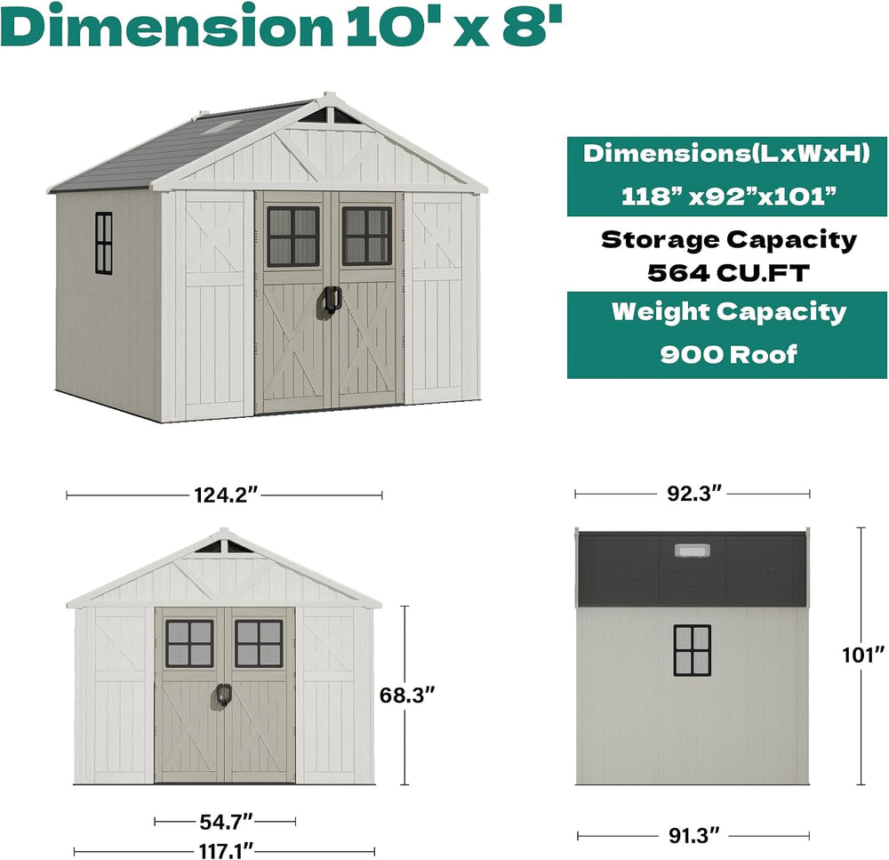 Devoko 10x8 FT Resin Storage Shed with Floor, Large Outdoor Plastic Sheds