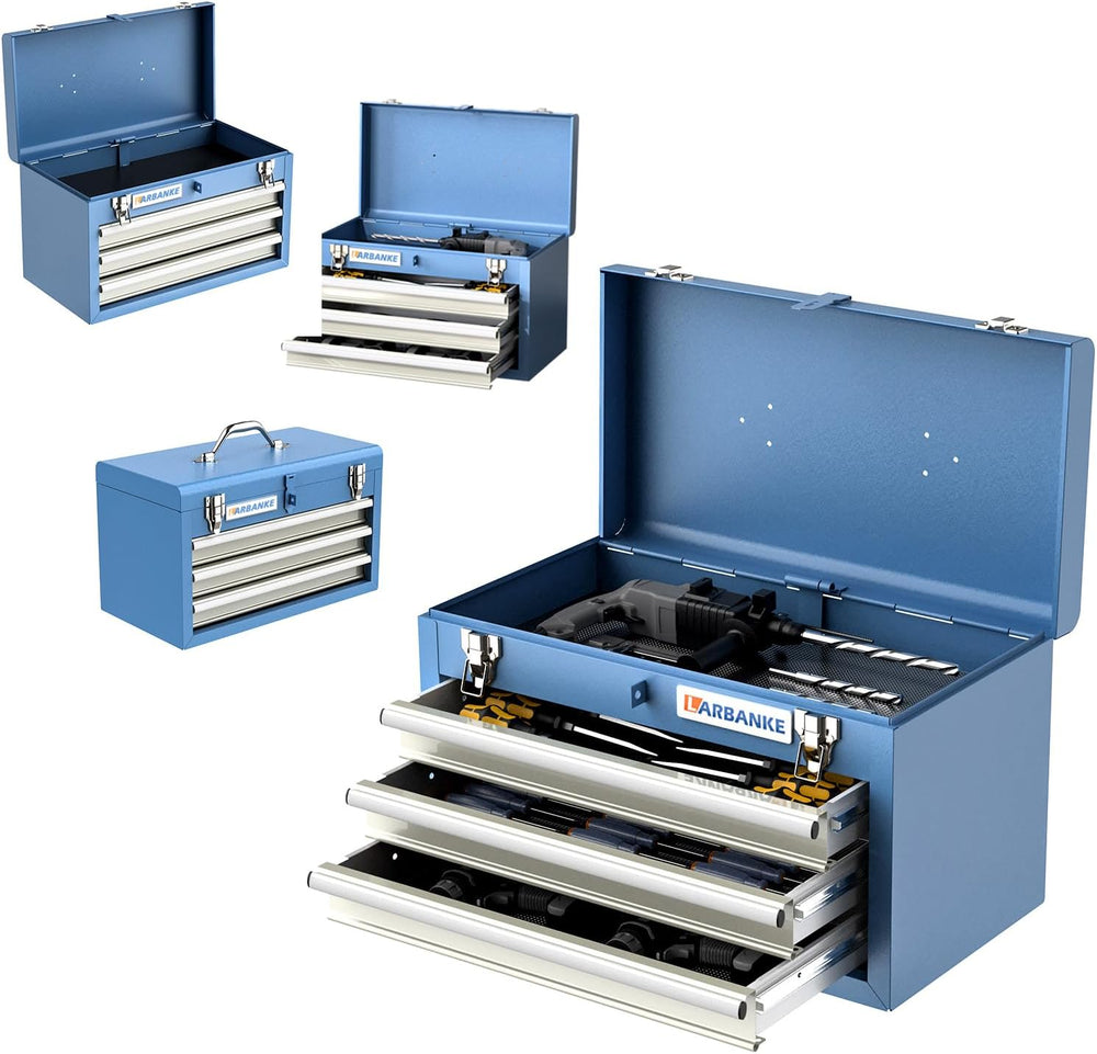 LARBANKE Metal Tool Box,3 Drawer Tool Box with Top Storage Tray, Portable Too...