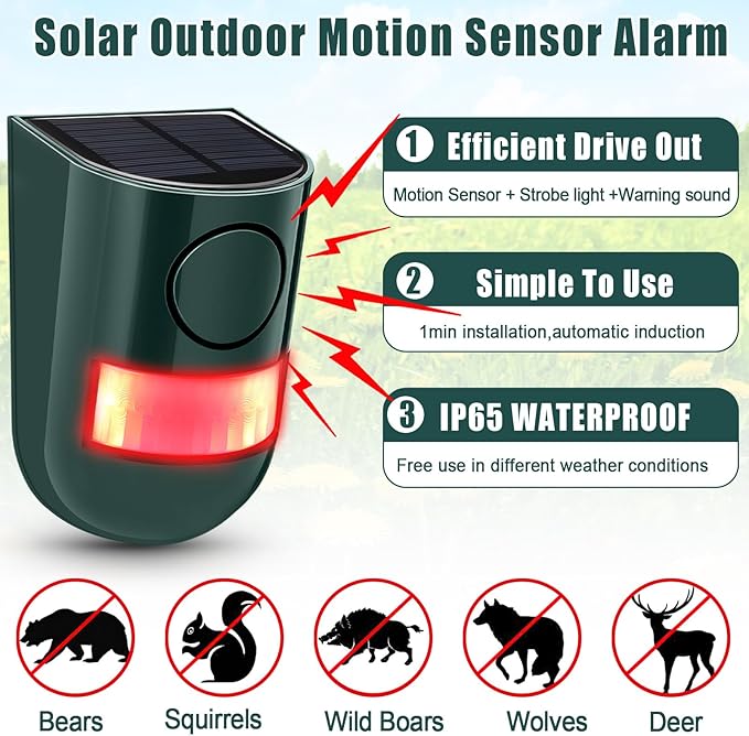 Qualirey 6 Pack Solar Sound and Light Alarm Motion Sensor 129db Outdoor