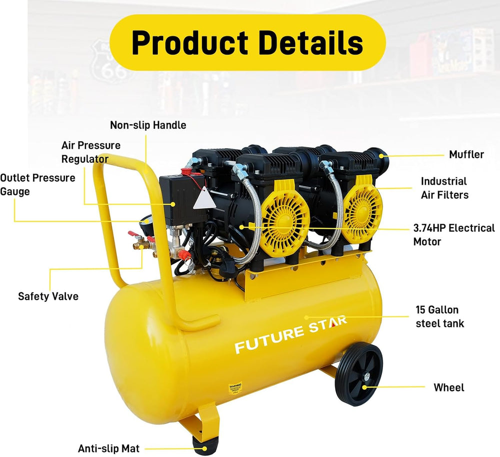 15 Gallon Portable Air Compressor, 3.7 HP, 6 CFM, 115 PSI
