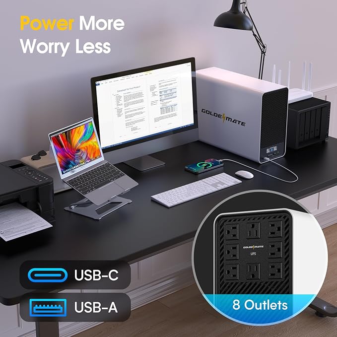 GOLDENMATE 1500VA/1200W Lithium UPS Battery Backup and Surge Protector