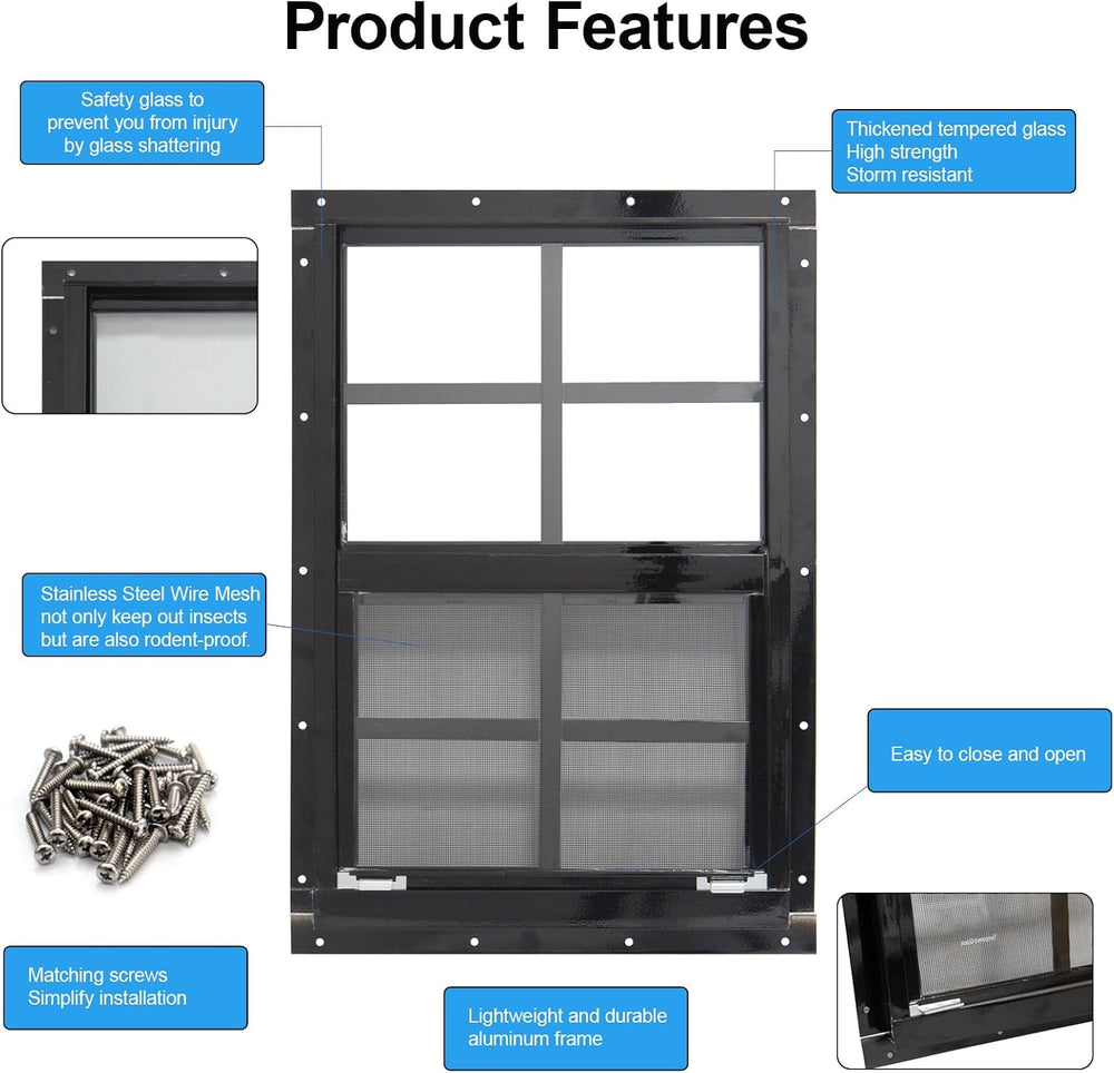 NeatiEase Upgraded Shed Windows 2 Pack, 24" x 30" Windows with Temp...
