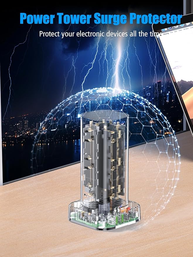 Tower Power Strip with 15W Wireless Charger, 6FT Flat Plug Extension Cord with