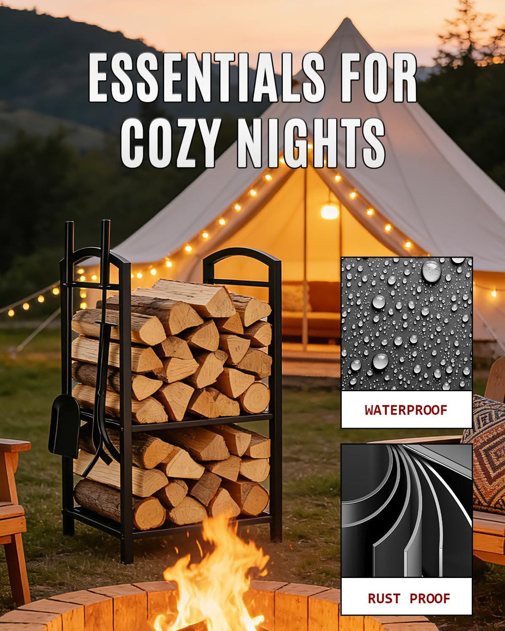 29" Heavy Duty Firewood Rack Indoor with 4 Fireplace Tools Set