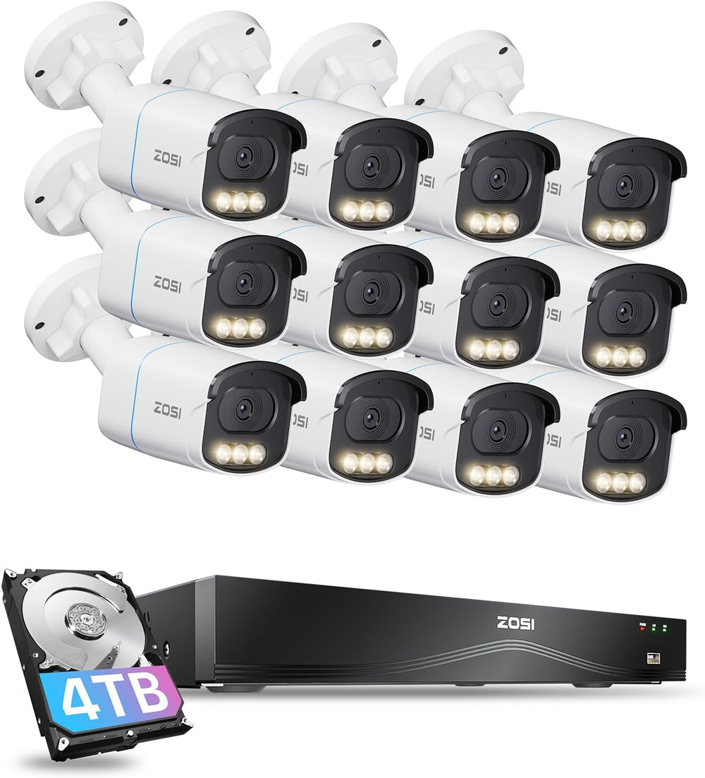 ZOSI C186 16CH 4K NVR with 12 x 5MP Audio PoE Bullet Camera System, 4TB HDD
