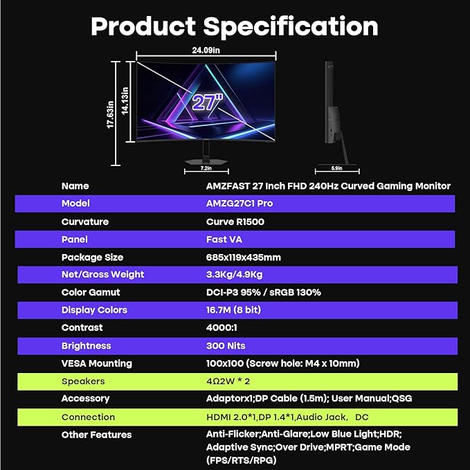 Amzfast 27 inch 240Hz Curved Gaming Monitor, FHD 1080P Monitor Gaming