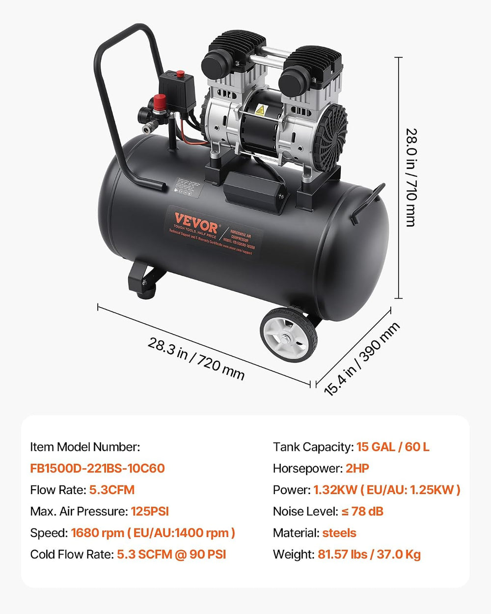 VEVOR Air Compressor, 15 Gallon Steel Tank, 2HP 5.3 CFM@90 PSI Oil Free Air C...