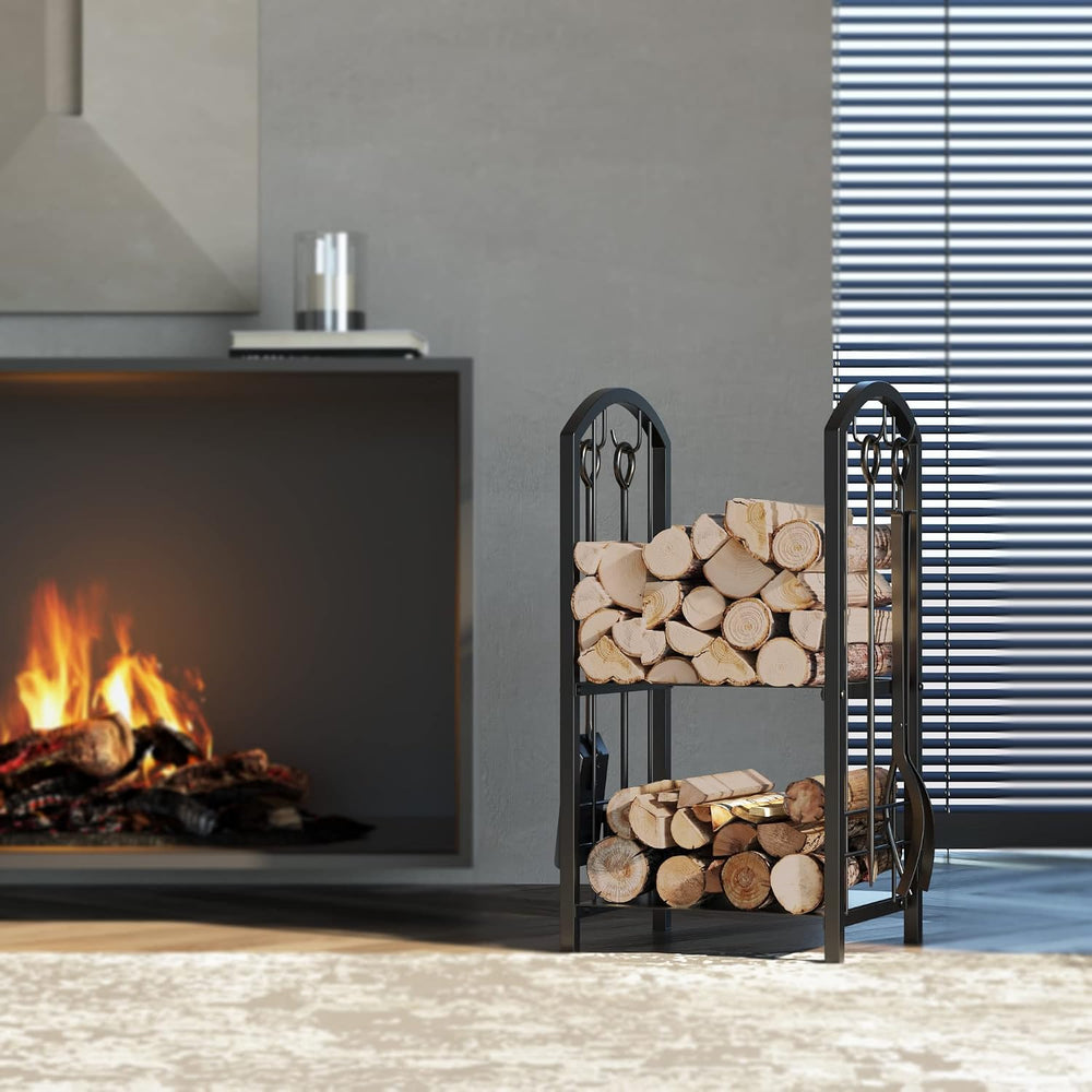 Fire Beauty Firewood Rack Log Holder Wood Storage with 4 Fireplace Tool Set