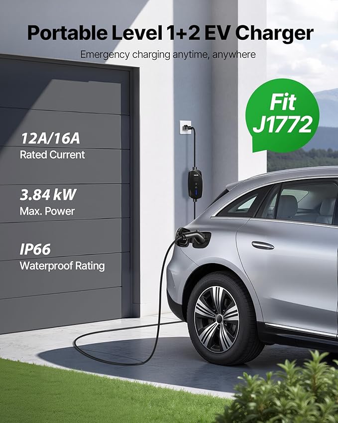 VEVOR Level 1&2 EV Charger, 16 Amp Adjustable Current, Electric Vehicle