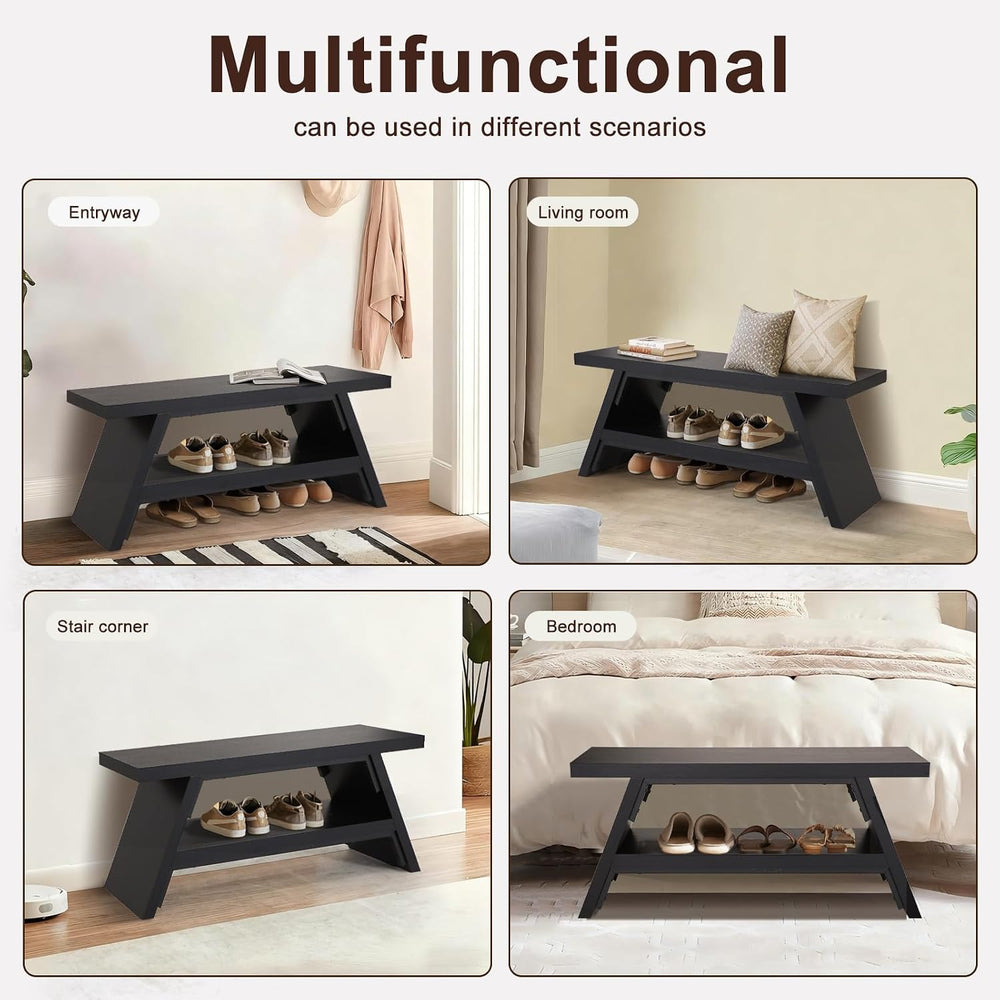 2-Tier Shoe Storage Bench, 40" Solid Wood Entryway Stool Storage