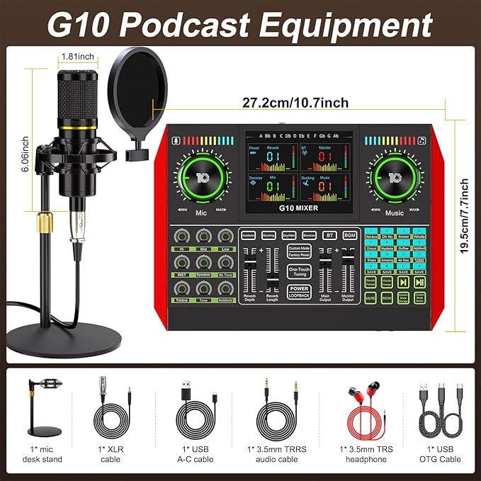 Podcast Microphone Bundle with Live Sound Card Audio Mixer, Podcast Equipment