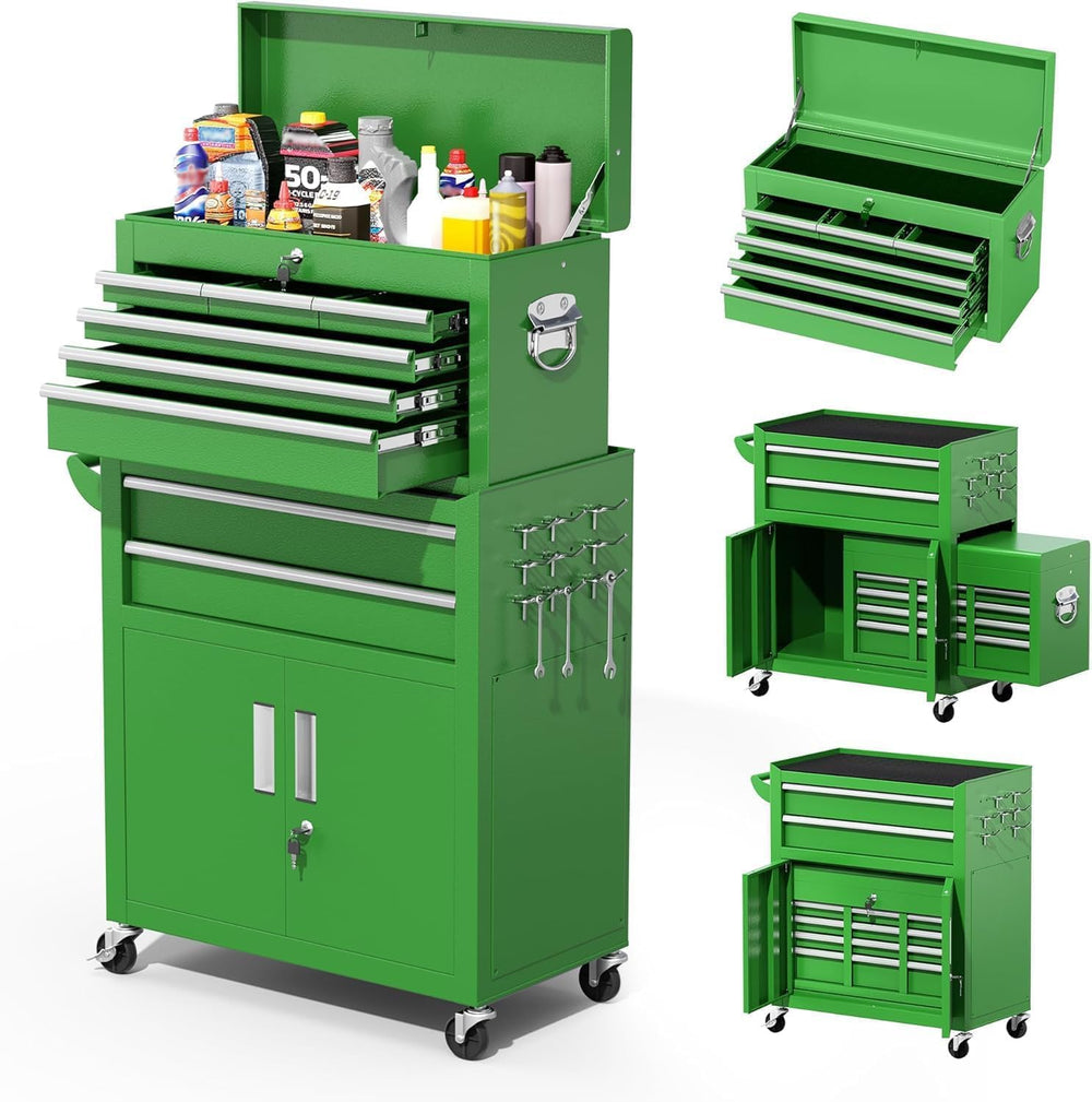 Greenvelly Tool Chest, 8-Drawer Rolling Tool Chest with Hooks and Lockable Wh...