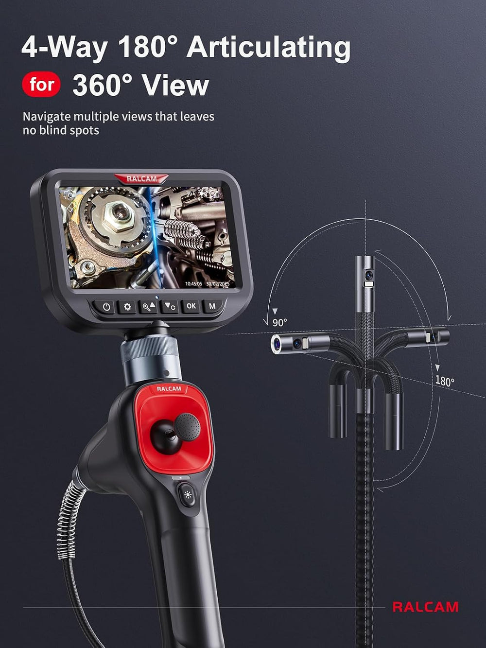 Ralcam 360° Articulating Borescope Dual Lens, 0.25in Slim Probe