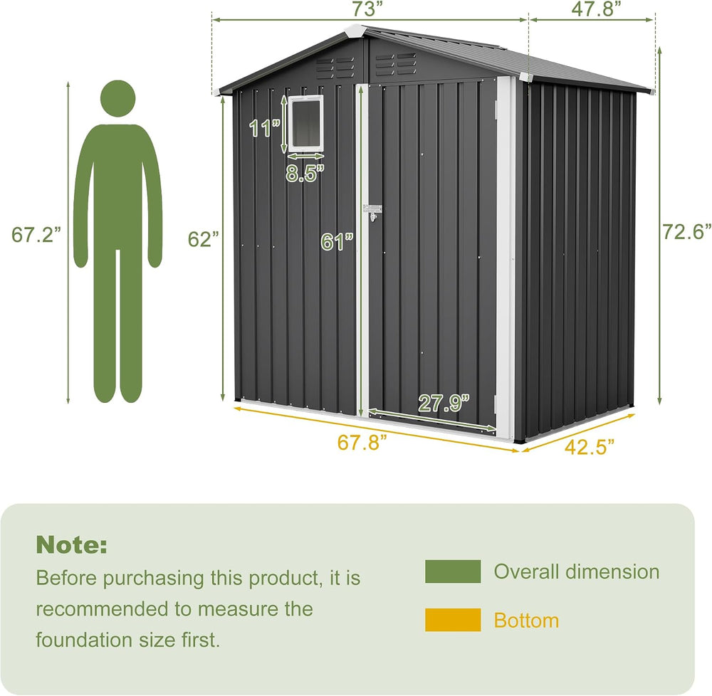 Outdoor Metal Storage Shed 6x4 FT,Gray Lockable Storage Shed, Window & Ve...