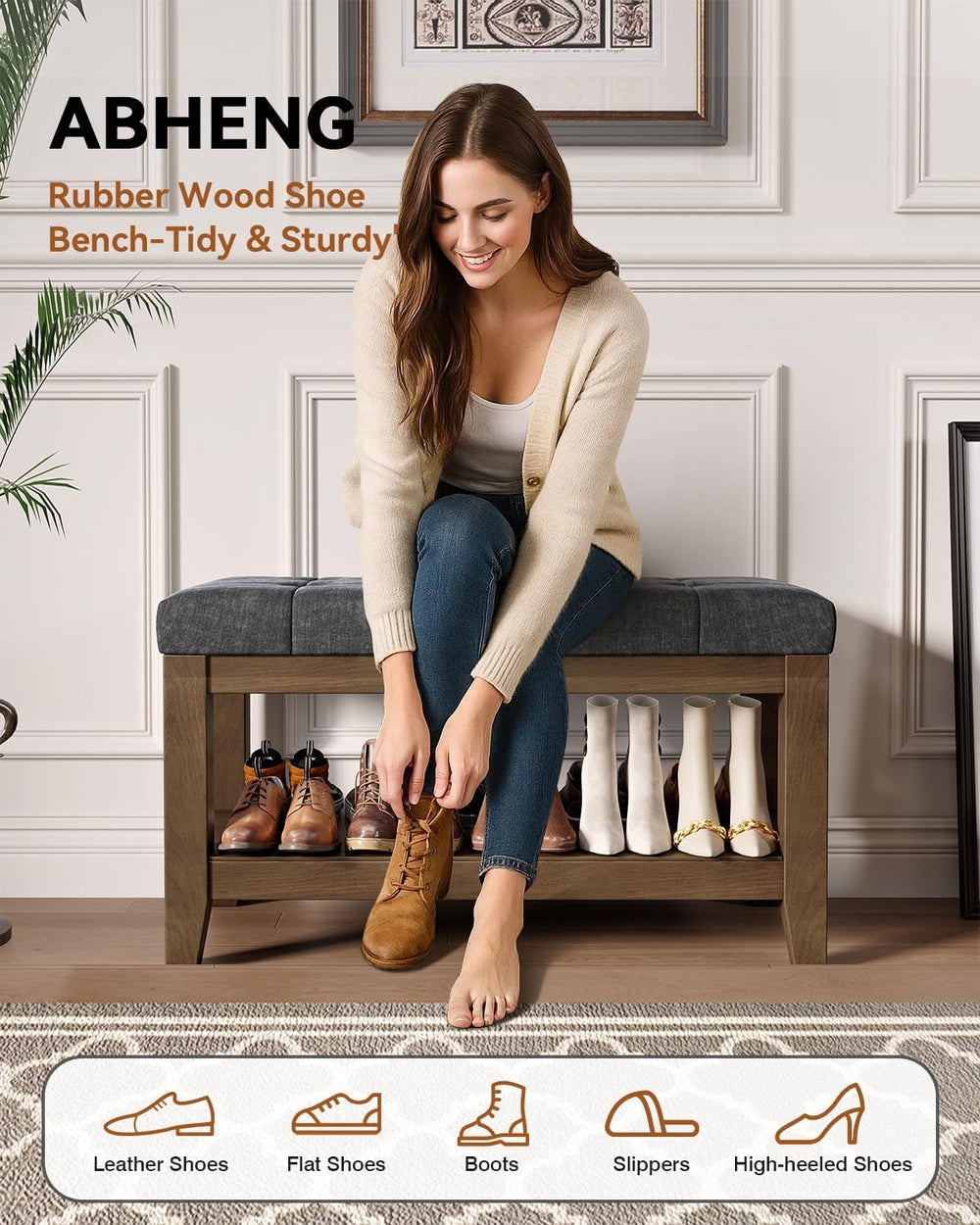 ABHENG Solid Rubber Wood Shoe Bench, Soft Chenille Material Upholstered Seat,...