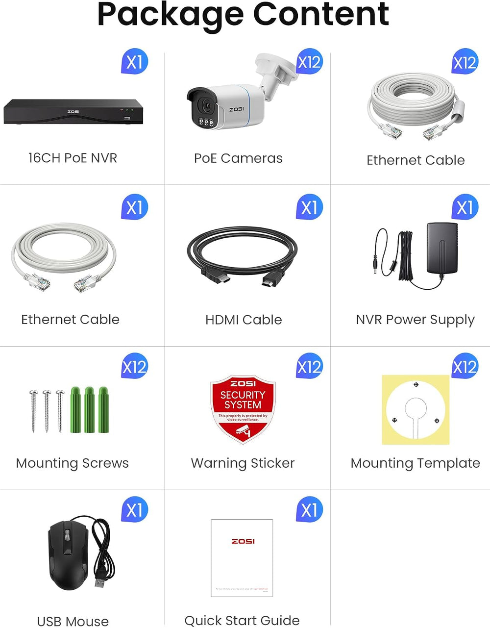 ZOSI C186 16CH 4K NVR with 12 x 5MP Audio PoE Bullet Camera System, 4TB HDD