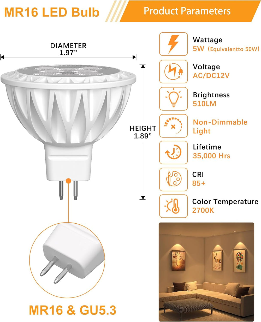 12 Pack MR16 LED Light Bulbs, 50 Watt Equivalent Landscape Light Bulbs, 2700K...