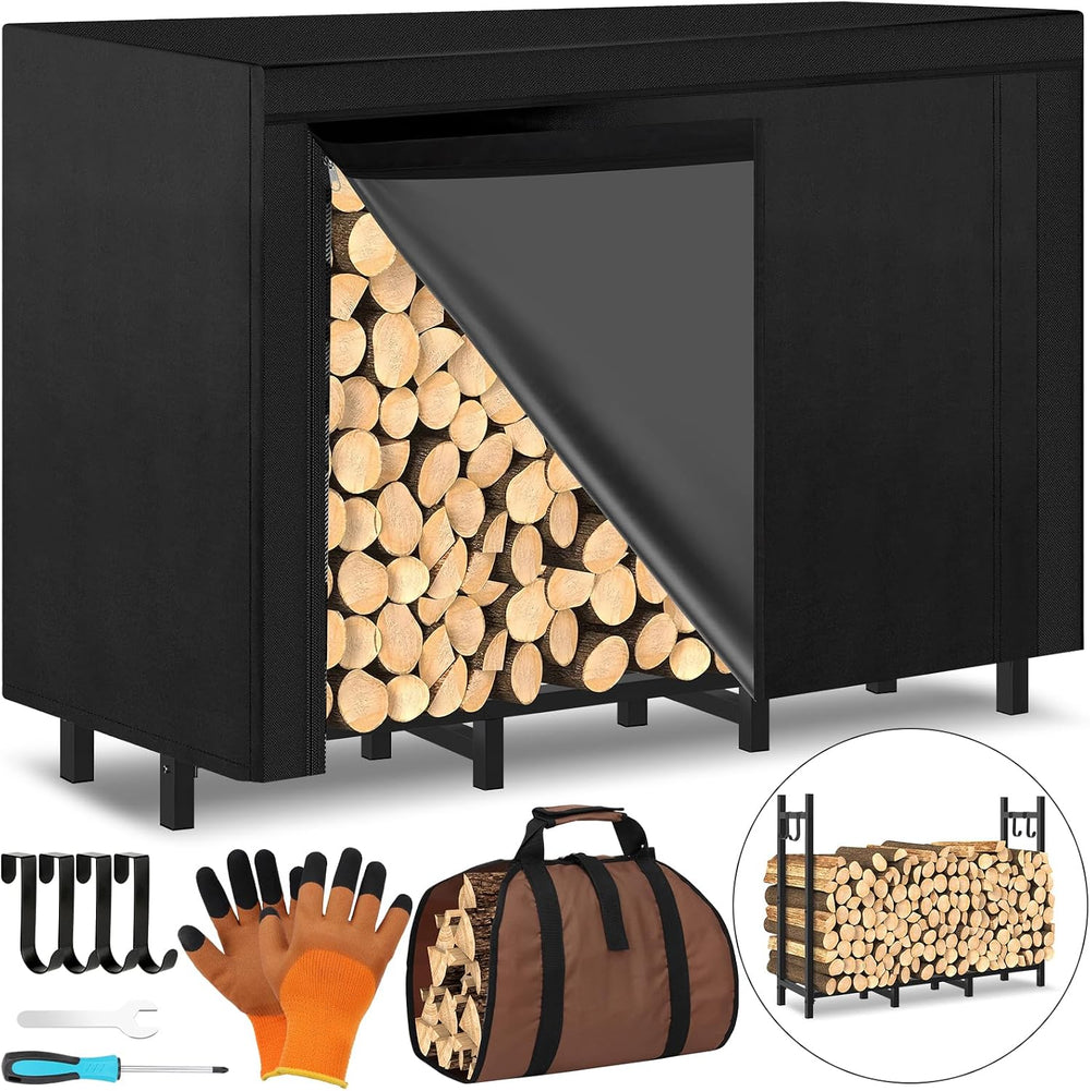 4FT Outdoor Firewood Rack, Wood Storage with 600D Waterproof Oxford Cover Hea...