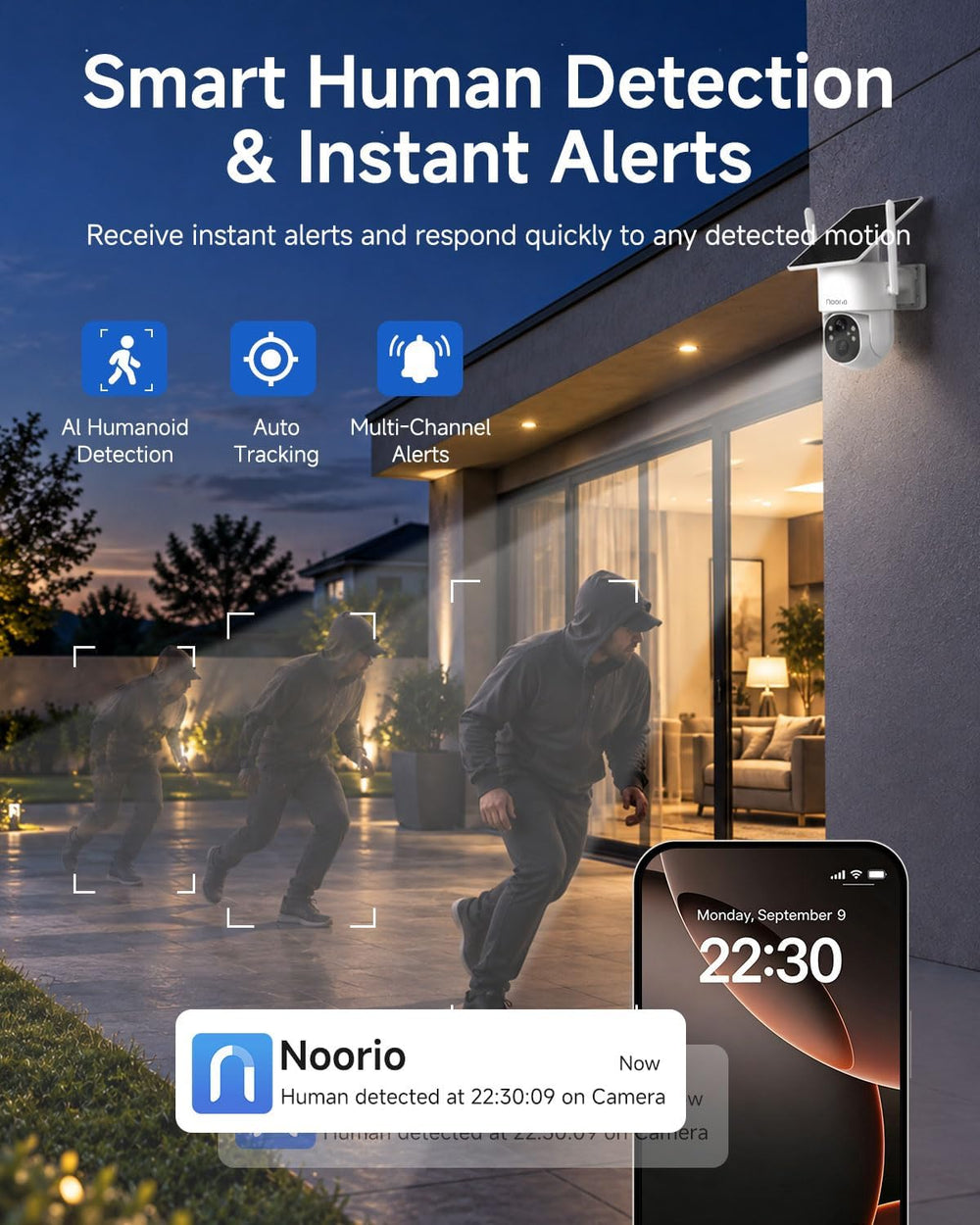 Noorio 2K 4MP Solar Security Camera Outdoor Wireless 360° PTZ, WiFi 6, IP65